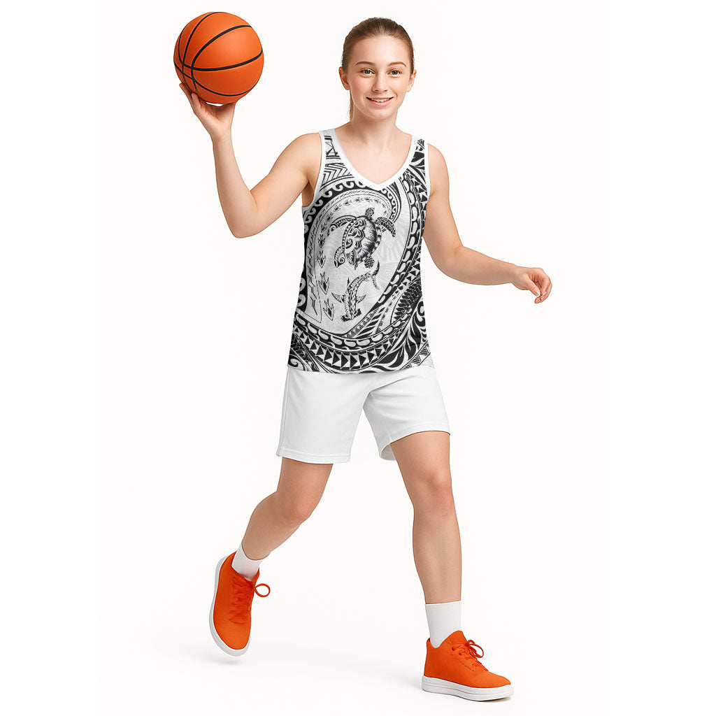 Hawaiian Turtle and Shark Basketball Jersey Kakau Tribal with Polynesian Pattern White Color LT03 - Polynesian Pride