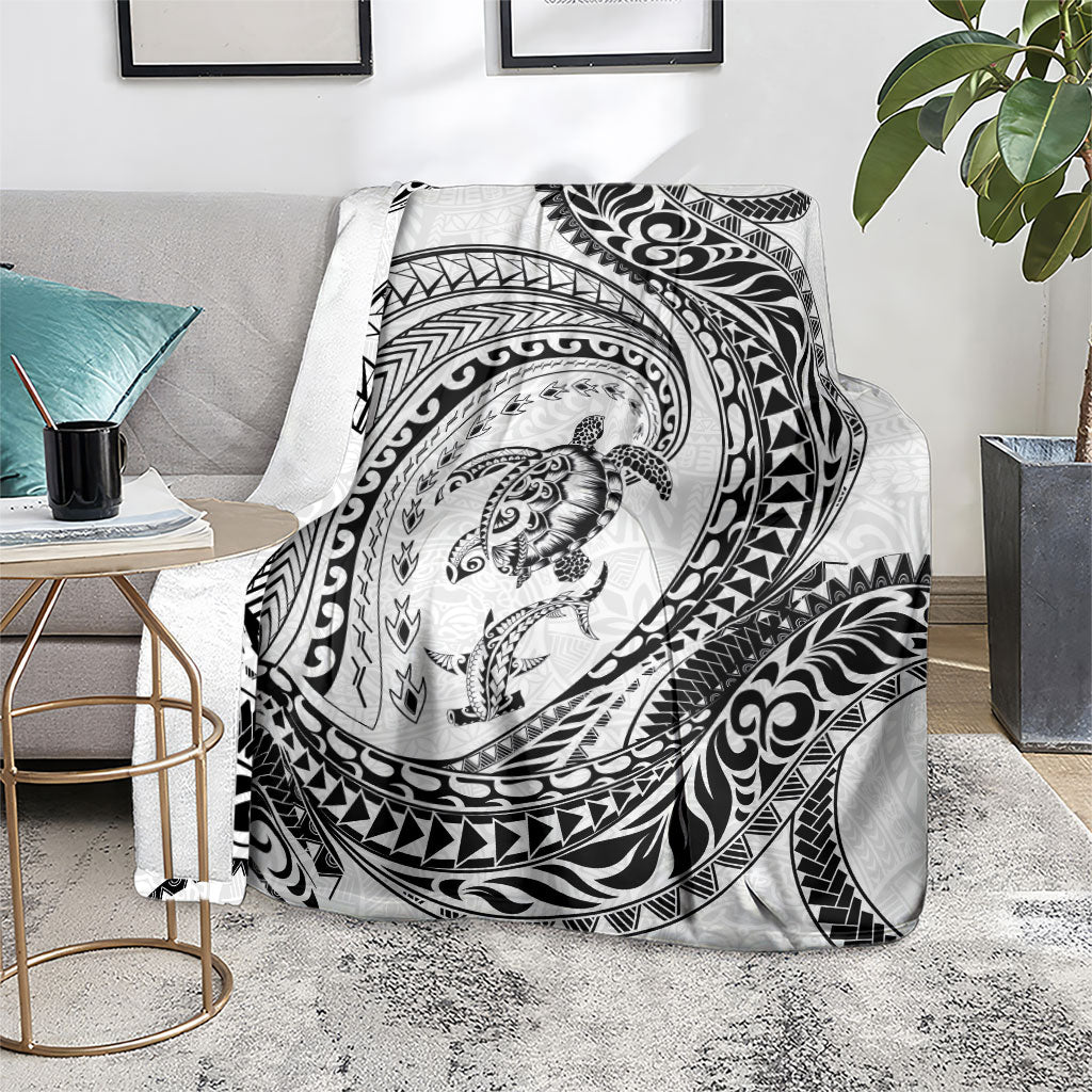 Hawaiian Turtle and Shark Blanket Kakau Tribal with Polynesian Pattern White Color LT03 - Polynesian Pride
