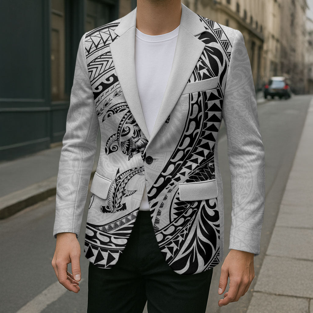 Hawaiian Turtle and Shark Blazer Kakau Tribal with Polynesian Pattern White Color LT03 - Polynesian Pride