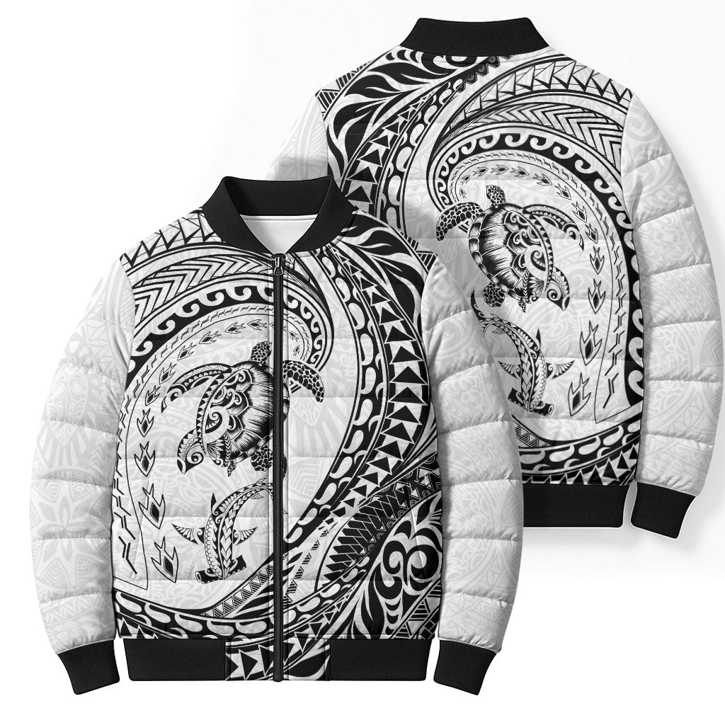 Hawaiian Turtle and Shark Bomber Puffer Jacket Kakau Tribal with Polynesian Pattern White Color LT03 - Polynesian Pride
