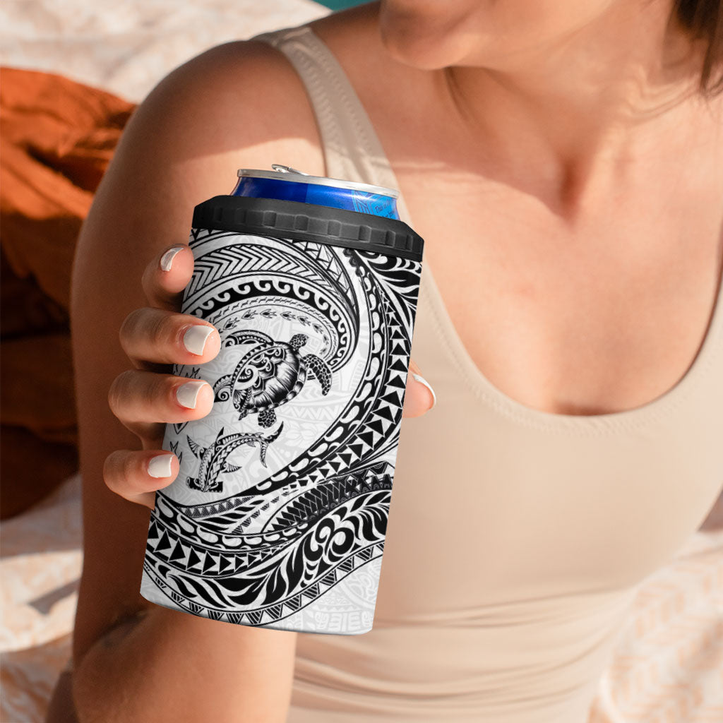 Hawaiian Turtle and Shark 4 in 1 Can Cooler Tumbler Kakau Tribal with Polynesian Pattern White Color LT03 - Polynesian Pride
