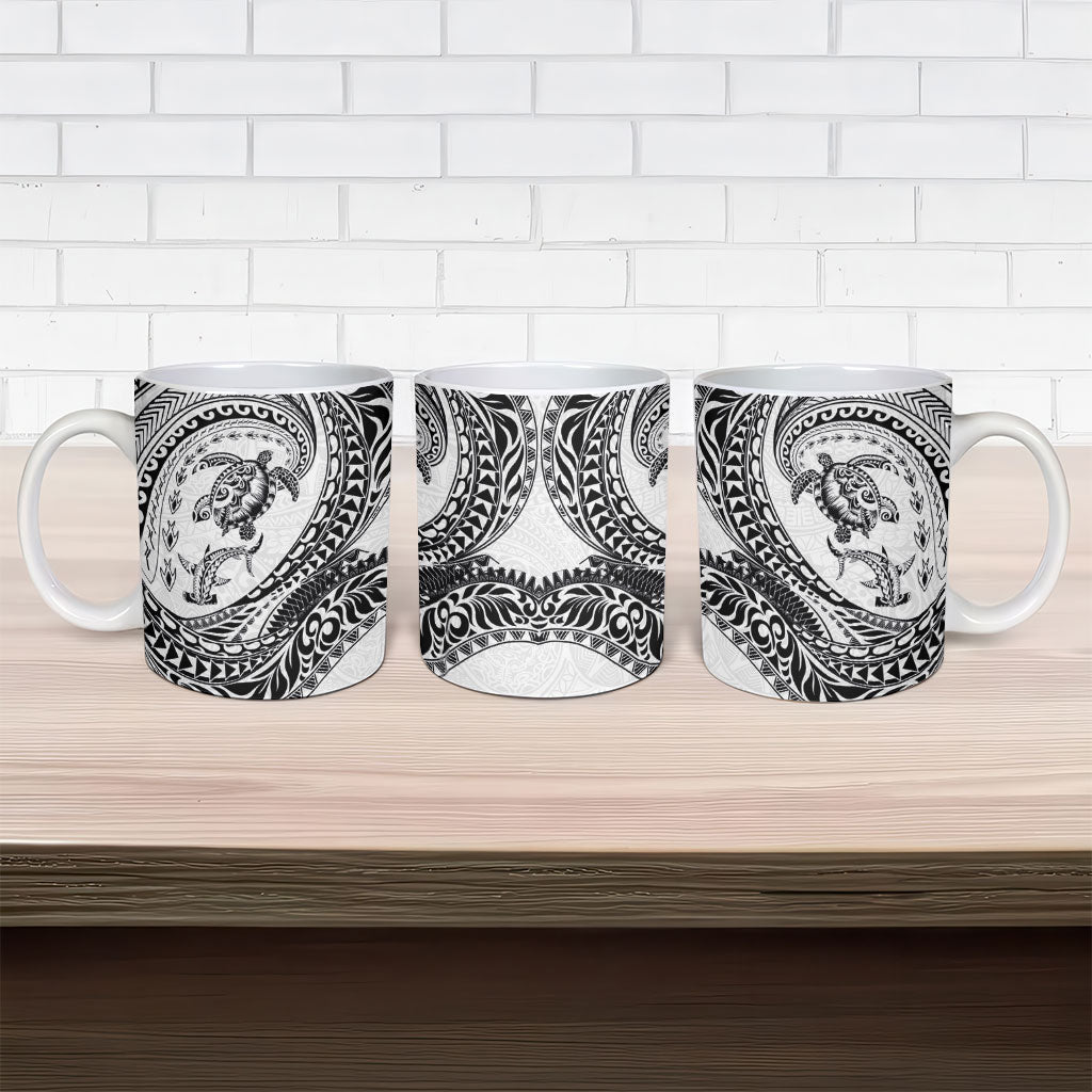 Hawaiian Turtle and Shark Ceramic Mug Kakau Tribal with Polynesian Pattern White Color LT03 - Polynesian Pride