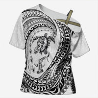 Hawaiian Turtle and Shark Cross Shoulder Shirt Kakau Tribal with Polynesian Pattern White Color LT03 Female White - Polynesian Pride
