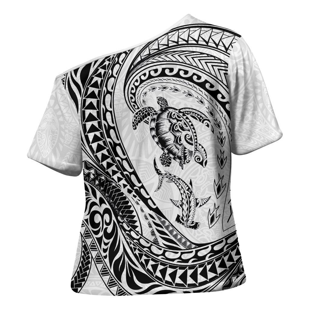 Hawaiian Turtle and Shark Cross Shoulder Shirt Kakau Tribal with Polynesian Pattern White Color LT03 - Polynesian Pride