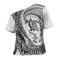 Hawaiian Turtle and Shark Cross Shoulder Shirt Kakau Tribal with Polynesian Pattern White Color LT03 - Polynesian Pride