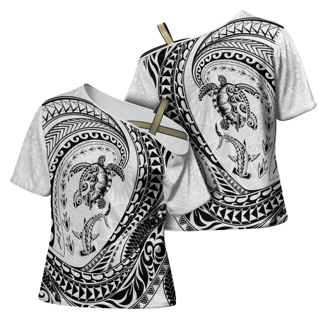 Hawaiian Turtle and Shark Cross Shoulder Shirt Kakau Tribal with Polynesian Pattern White Color LT03 - Polynesian Pride