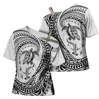 Hawaiian Turtle and Shark Cross Shoulder Shirt Kakau Tribal with Polynesian Pattern White Color LT03 - Polynesian Pride