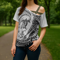 Hawaiian Turtle and Shark Cross Shoulder Shirt Kakau Tribal with Polynesian Pattern White Color LT03 - Polynesian Pride