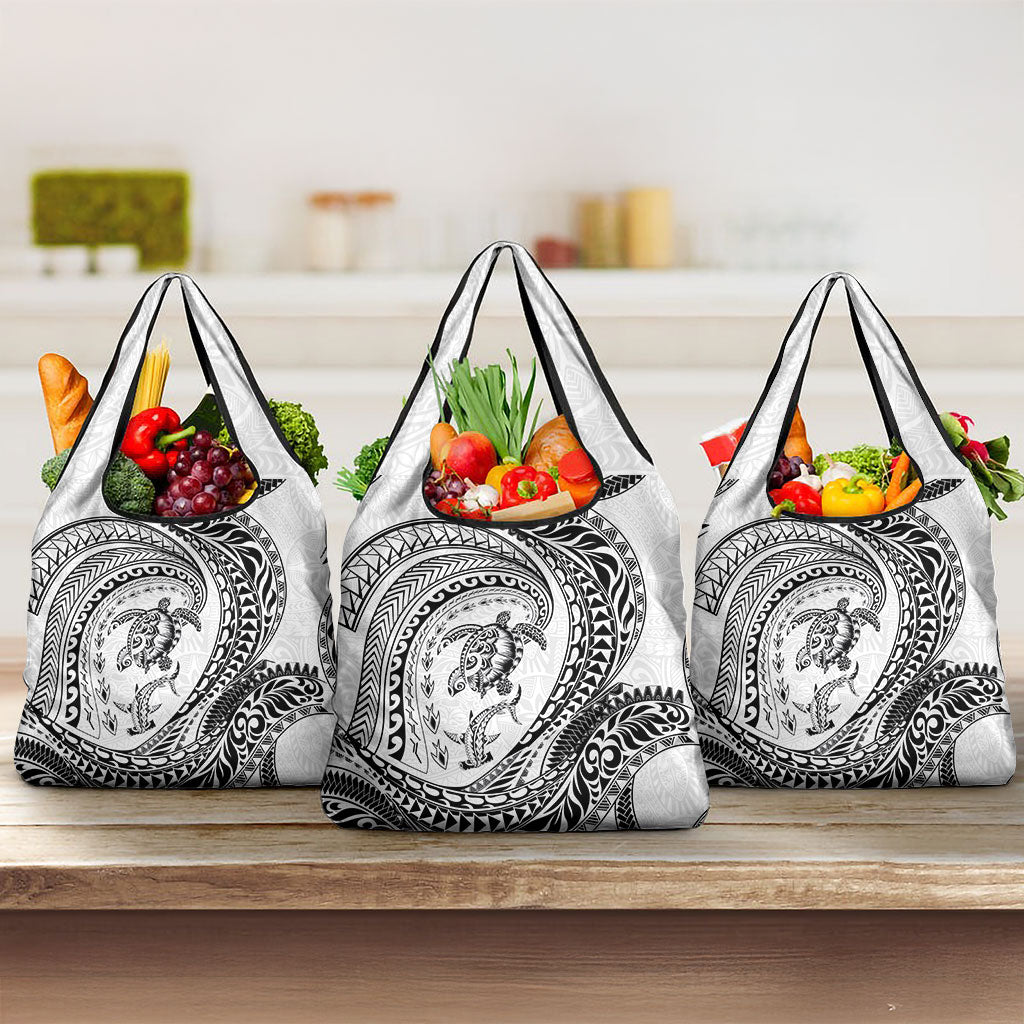 Hawaiian Turtle and Shark Grocery Bag Kakau Tribal with Polynesian Pattern White Color LT03 3-pack One Size White - Polynesian Pride