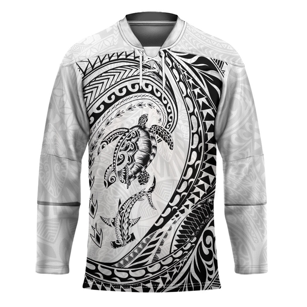Hawaiian Turtle and Shark Hockey Jersey Kakau Tribal with Polynesian Pattern White Color LT03 Unisex White - Polynesian Pride