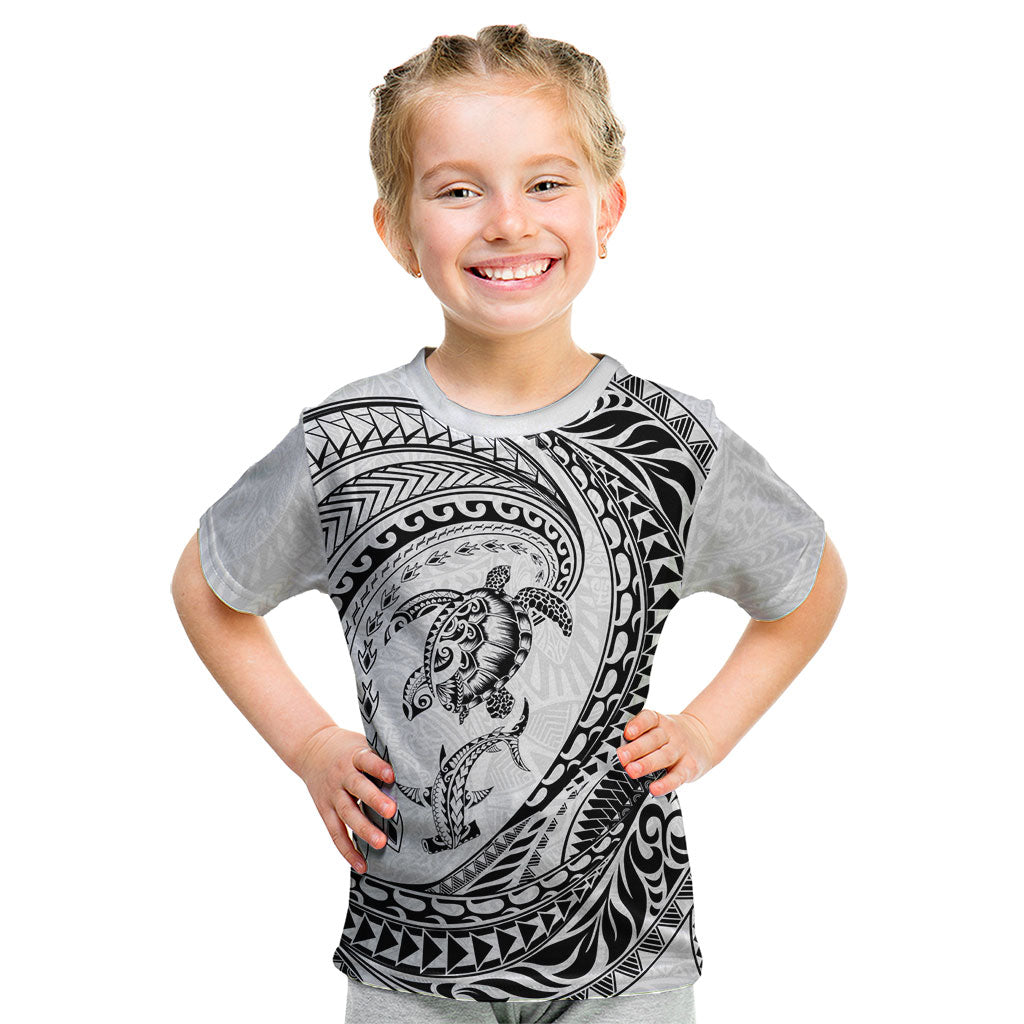 Hawaiian Turtle and Shark Kid T Shirt Kakau Tribal with Polynesian Pattern White Color LT03 White - Polynesian Pride