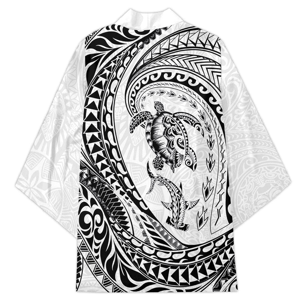 Hawaiian Turtle and Shark Kimono Kakau Tribal with Polynesian Pattern White Color LT03 - Polynesian Pride