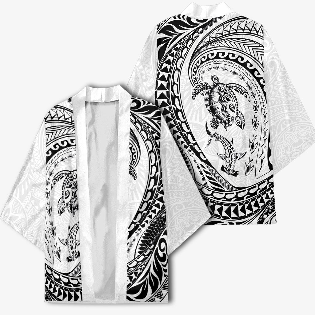 Hawaiian Turtle and Shark Kimono Kakau Tribal with Polynesian Pattern White Color LT03 - Polynesian Pride