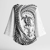 Hawaiian Turtle and Shark Kimono Sleeve Blouse Kakau Tribal with Polynesian Pattern White Color LT03 - Polynesian Pride