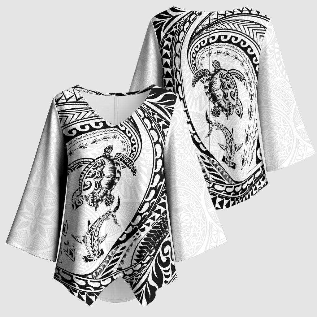 Hawaiian Turtle and Shark Kimono Sleeve Blouse Kakau Tribal with Polynesian Pattern White Color LT03 - Polynesian Pride