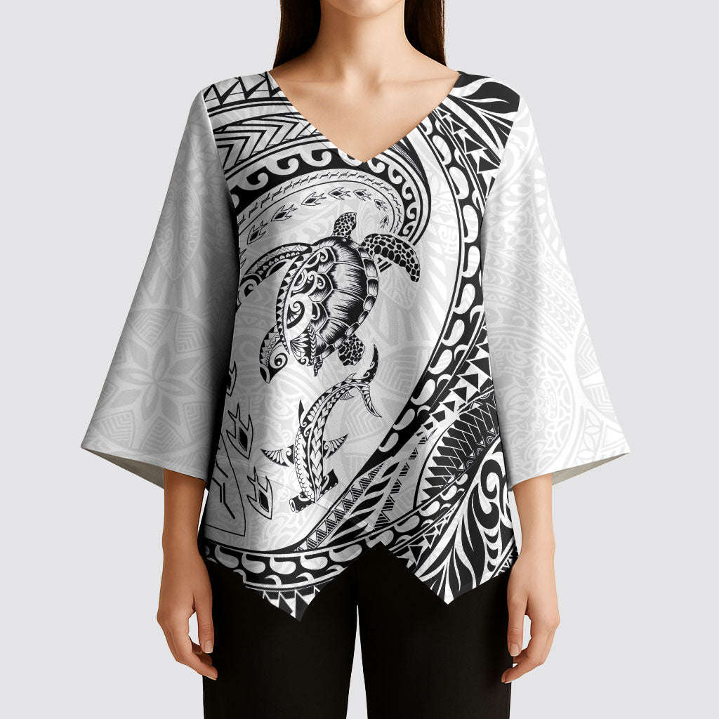 Hawaiian Turtle and Shark Kimono Sleeve Blouse Kakau Tribal with Polynesian Pattern White Color LT03 - Polynesian Pride