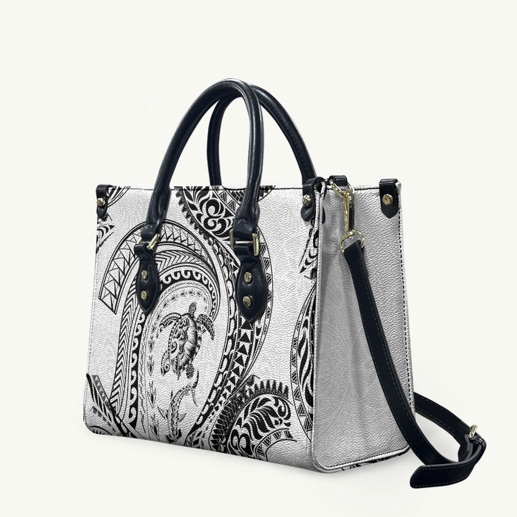 Hawaiian Turtle and Shark Leather Bag Kakau Tribal with Polynesian Pattern White Color LT03 White - Polynesian Pride