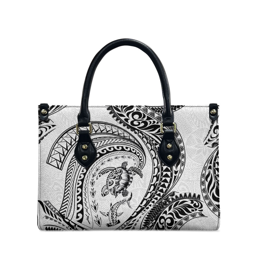 Hawaiian Turtle and Shark Leather Bag Kakau Tribal with Polynesian Pattern White Color LT03 - Polynesian Pride