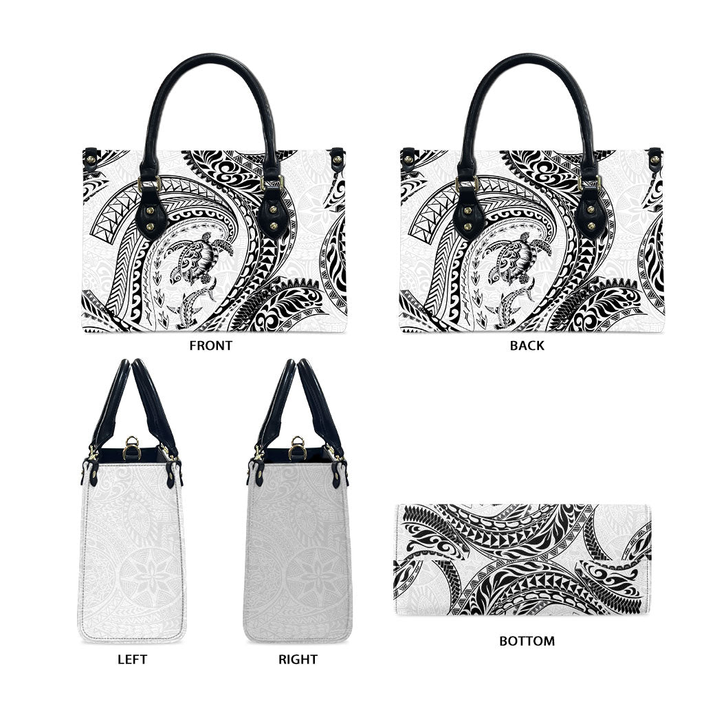 Hawaiian Turtle and Shark Leather Bag Kakau Tribal with Polynesian Pattern White Color LT03 - Polynesian Pride