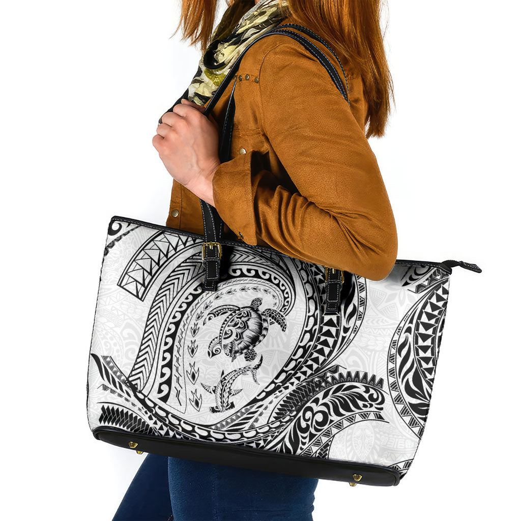 Hawaiian Turtle and Shark Leather Tote Bag Kakau Tribal with Polynesian Pattern White Color LT03 White - Polynesian Pride