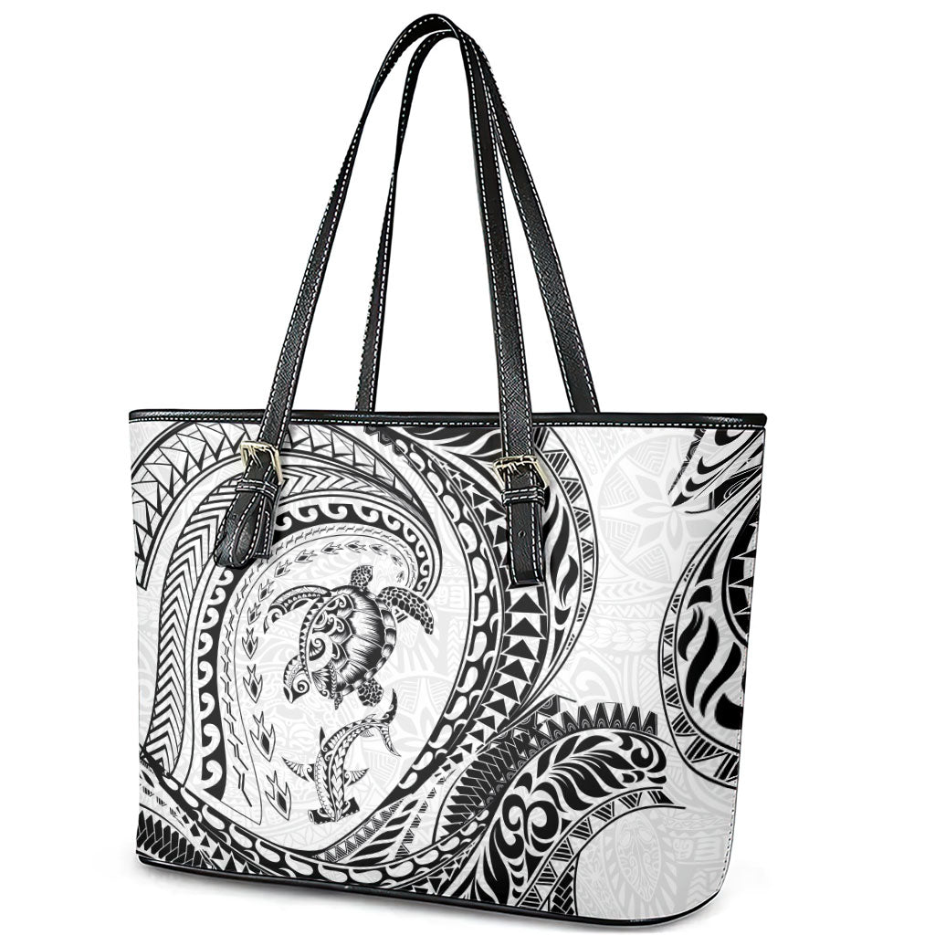 Hawaiian Turtle and Shark Leather Tote Bag Kakau Tribal with Polynesian Pattern White Color LT03 - Polynesian Pride