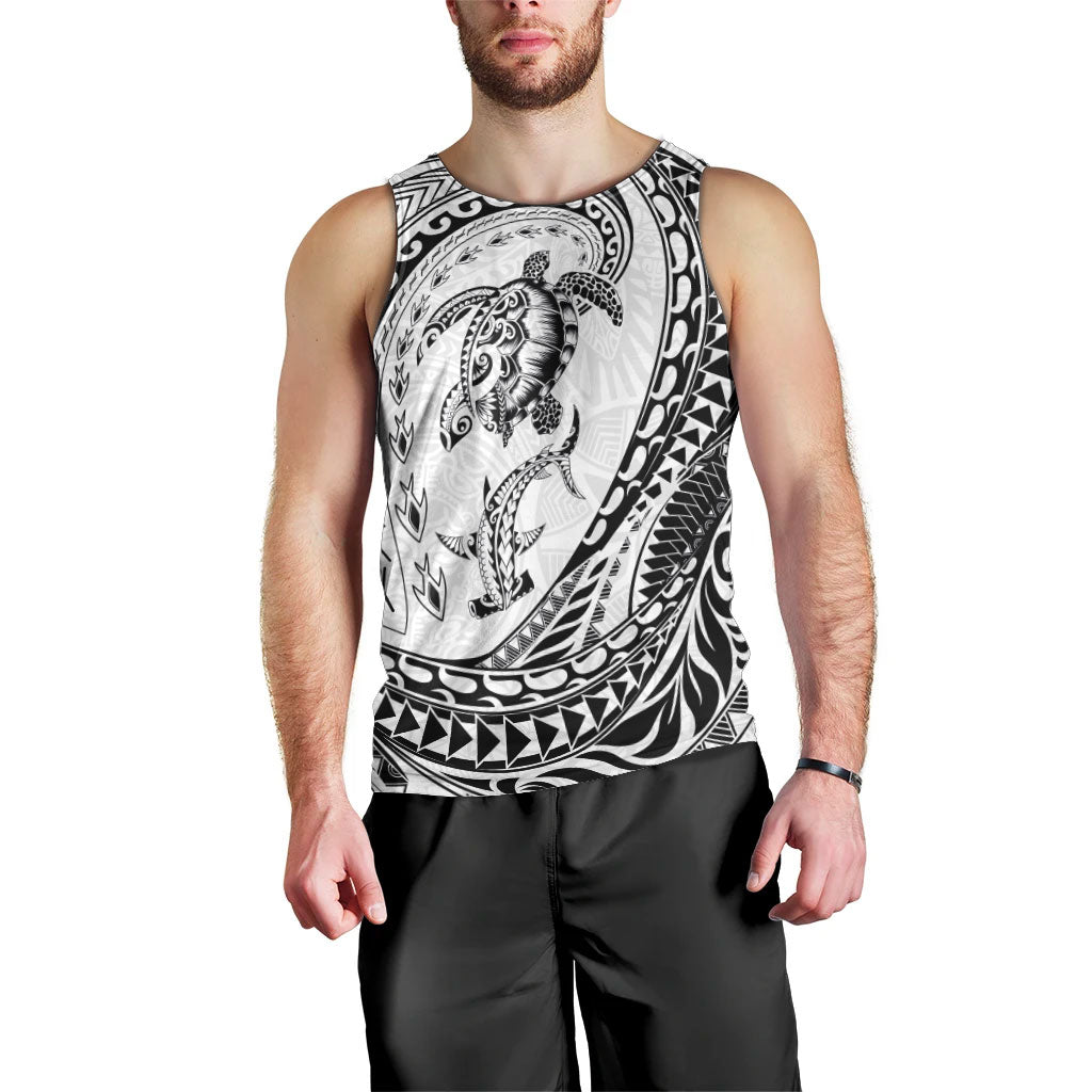 Hawaiian Turtle and Shark Men Tank Top Kakau Tribal with Polynesian Pattern White Color LT03 - Polynesian Pride