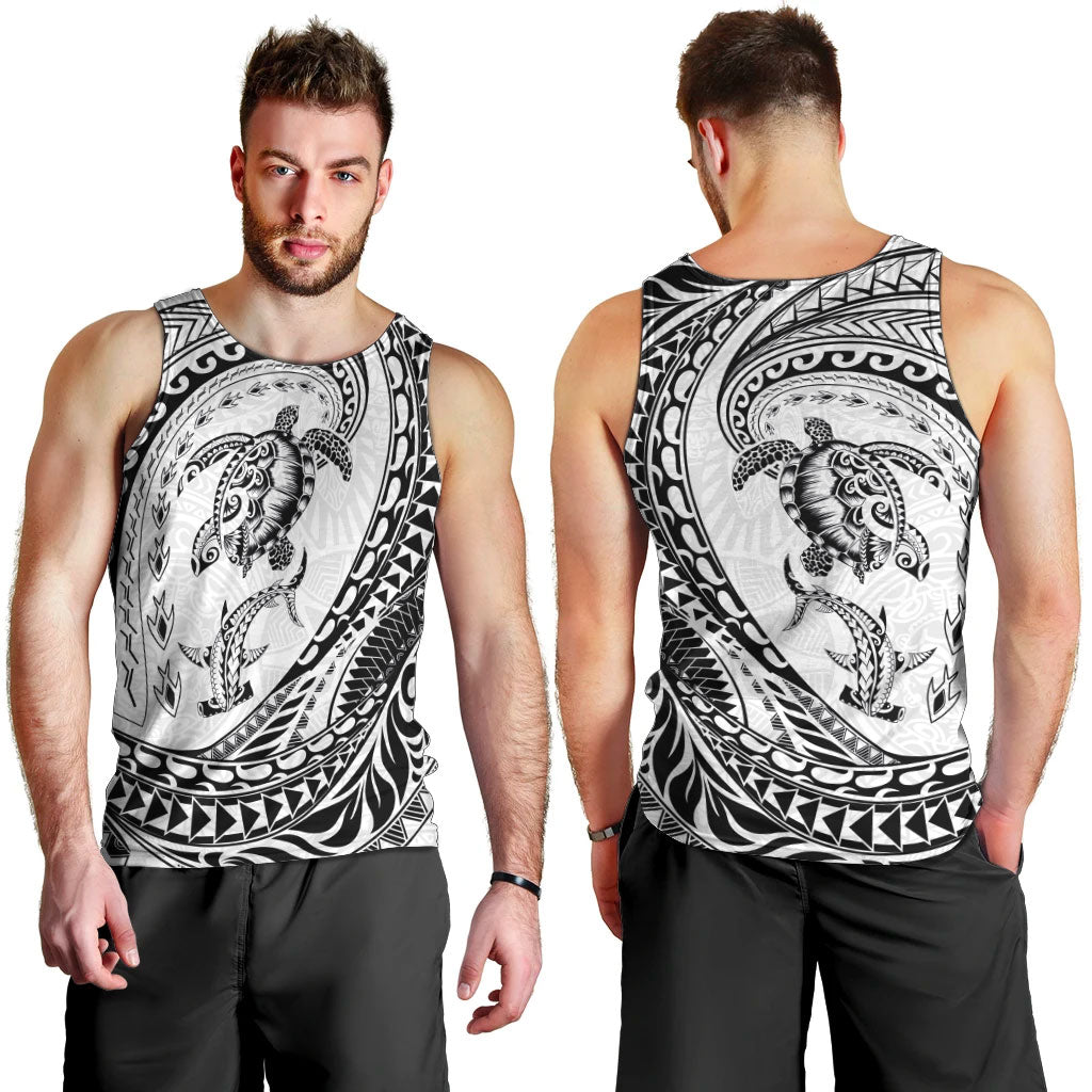 Hawaiian Turtle and Shark Men Tank Top Kakau Tribal with Polynesian Pattern White Color LT03 - Polynesian Pride