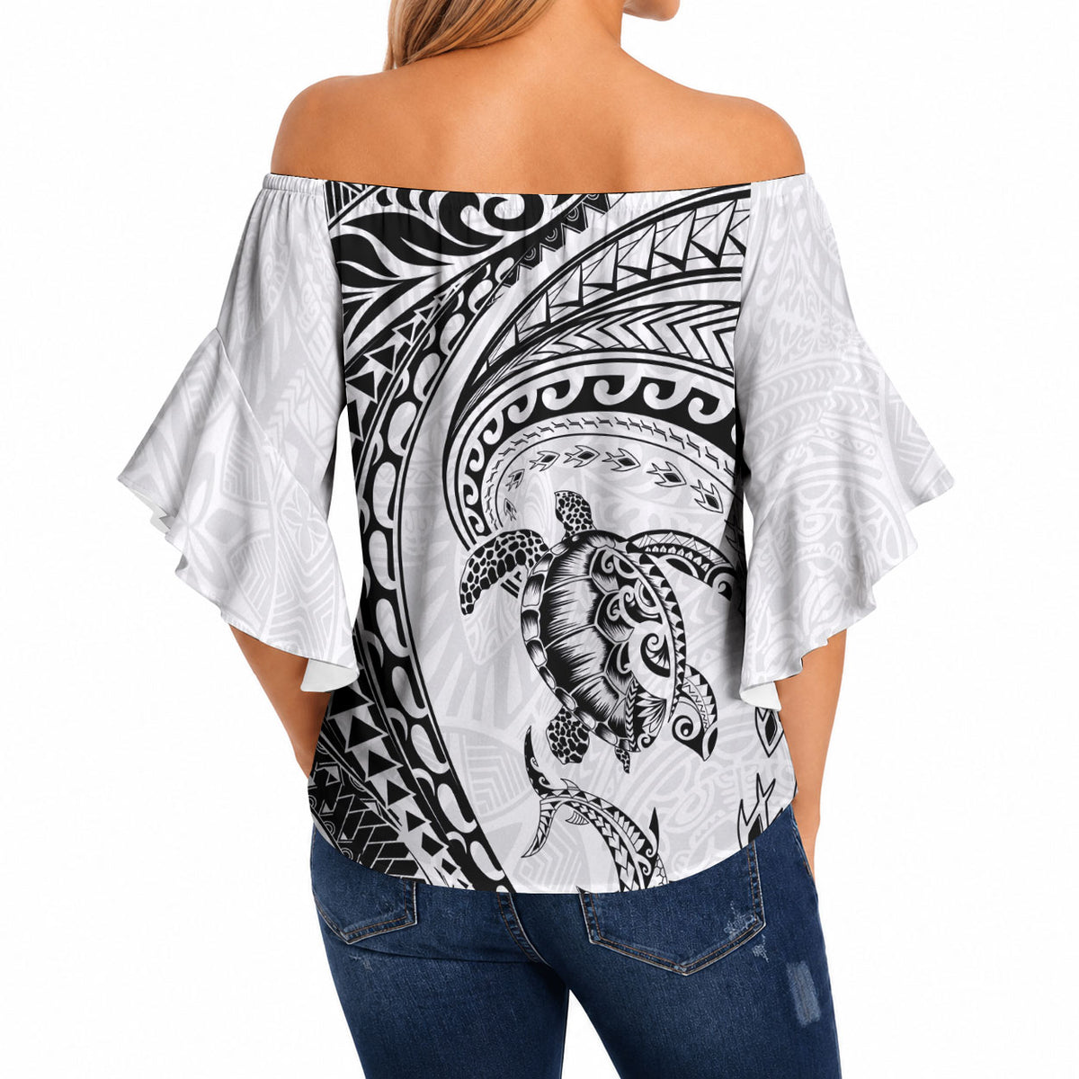 Hawaiian Turtle and Shark Off Shoulder Wrap Waist Top Kakau Tribal with Polynesian Pattern White Color LT03 - Polynesian Pride