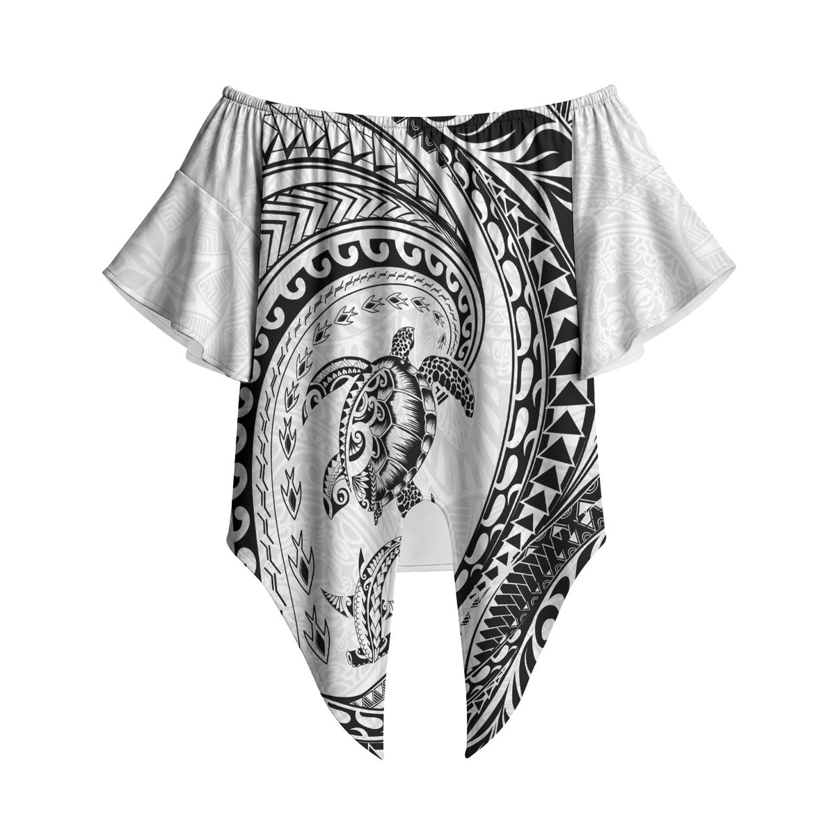 Hawaiian Turtle and Shark Off Shoulder Wrap Waist Top Kakau Tribal with Polynesian Pattern White Color LT03 - Polynesian Pride