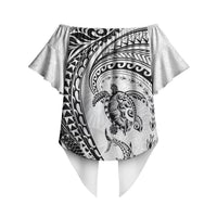 Hawaiian Turtle and Shark Off Shoulder Wrap Waist Top Kakau Tribal with Polynesian Pattern White Color LT03 - Polynesian Pride
