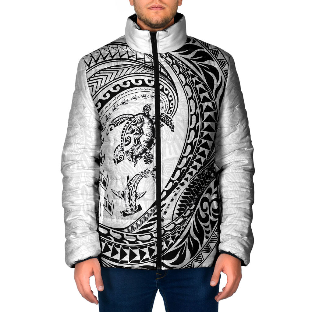 Hawaiian Turtle and Shark Padded Jacket Kakau Tribal with Polynesian Pattern White Color LT03 Men White - Polynesian Pride