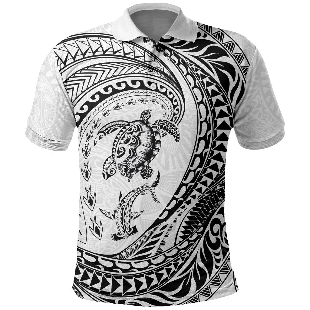 Hawaiian Turtle and Shark Polo Shirt Kakau Tribal with Polynesian Pattern White Color LT03 White - Polynesian Pride