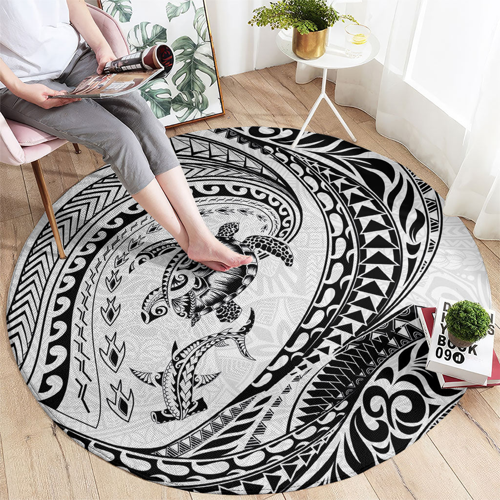 Hawaiian Turtle and Shark Round Carpet Kakau Tribal with Polynesian Pattern White Color LT03 - Polynesian Pride