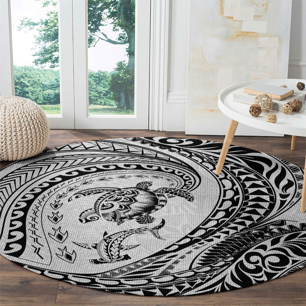 Hawaiian Turtle and Shark Round Carpet Kakau Tribal with Polynesian Pattern White Color LT03 - Polynesian Pride