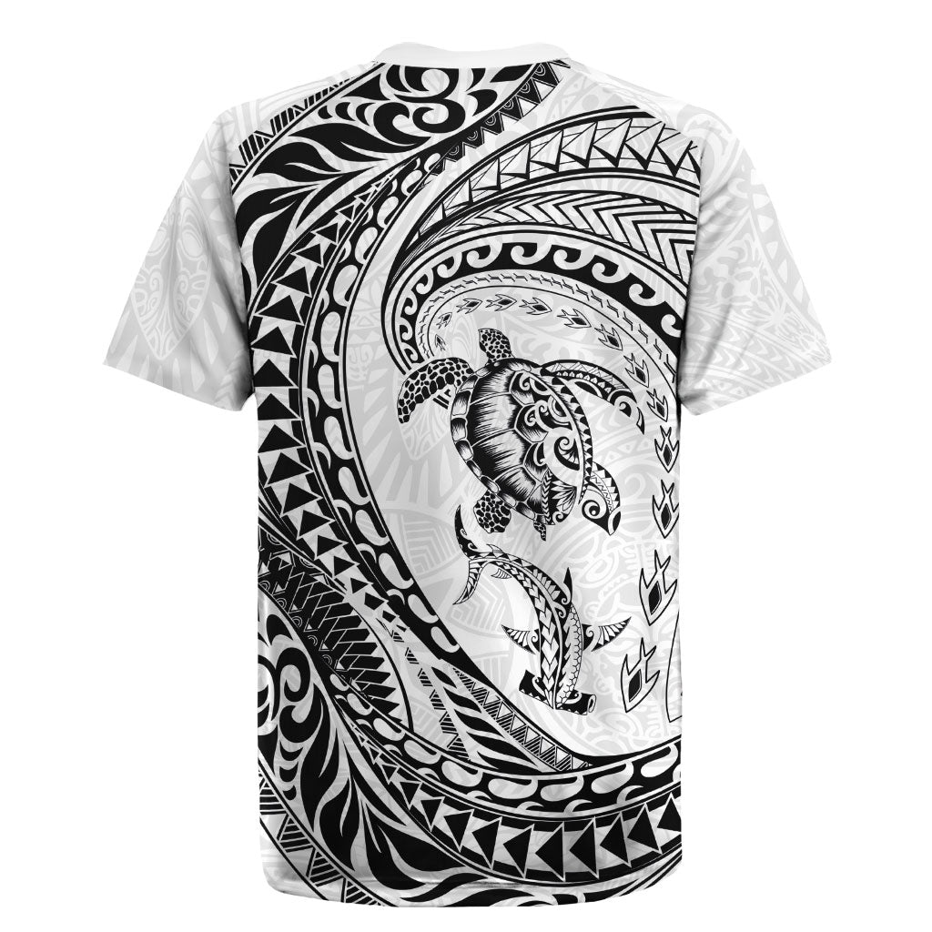 Hawaiian Turtle and Shark Rugby Jersey Kakau Tribal with Polynesian Pattern White Color LT03 - Polynesian Pride