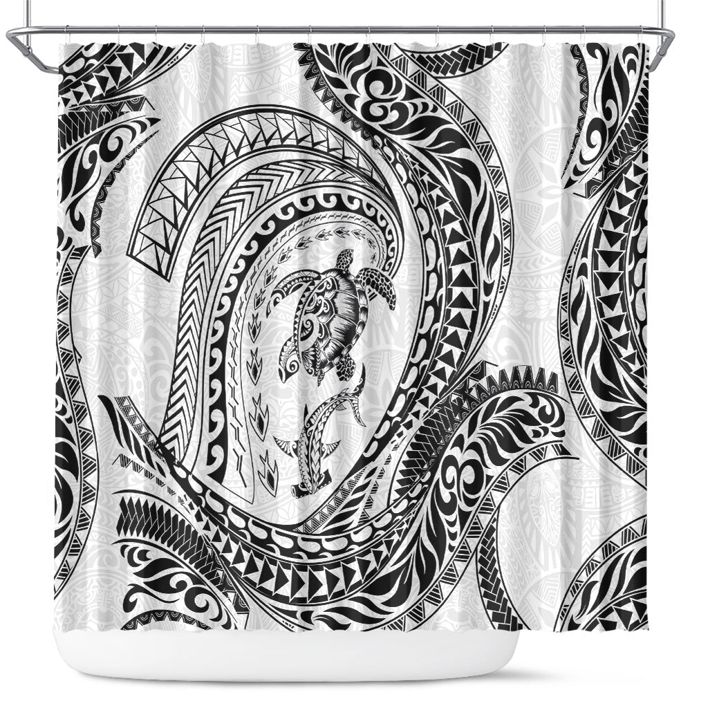 Hawaiian Turtle and Shark Shower Curtain Kakau Tribal with Polynesian Pattern White Color LT03 White - Polynesian Pride