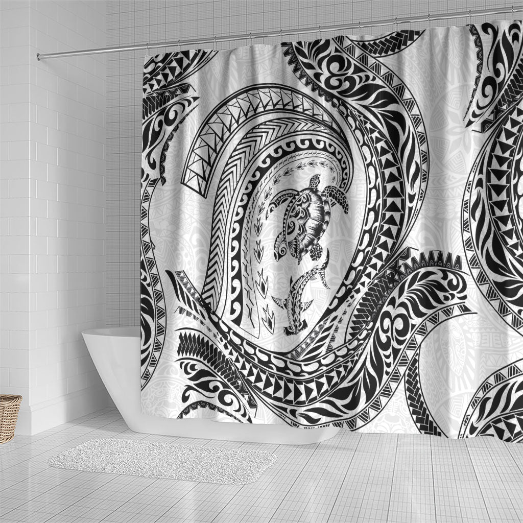 Hawaiian Turtle and Shark Shower Curtain Kakau Tribal with Polynesian Pattern White Color LT03 - Polynesian Pride