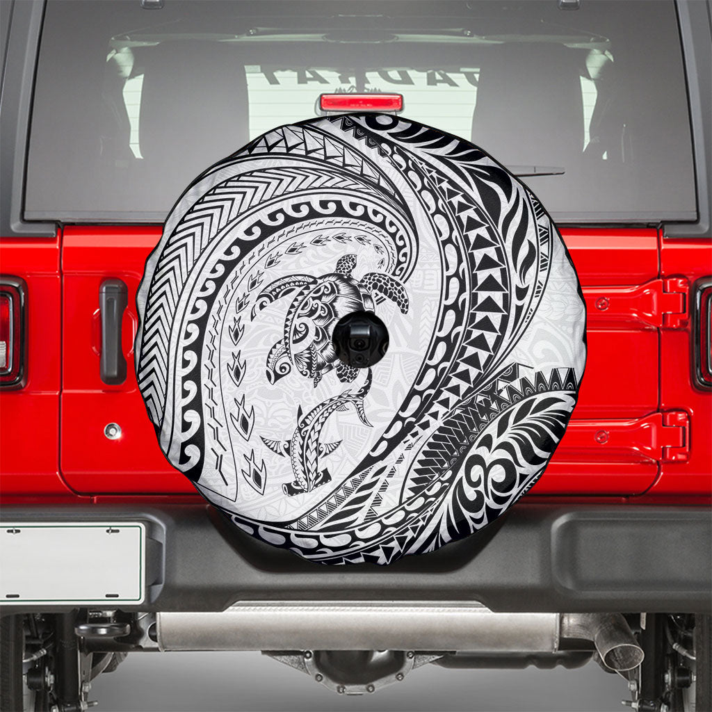 Hawaiian Turtle and Shark Spare Tire Cover Kakau Tribal with Polynesian Pattern White Color LT03 - Polynesian Pride
