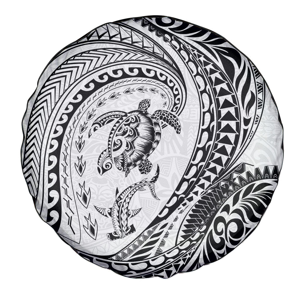 Hawaiian Turtle and Shark Spare Tire Cover Kakau Tribal with Polynesian Pattern White Color LT03 - Polynesian Pride