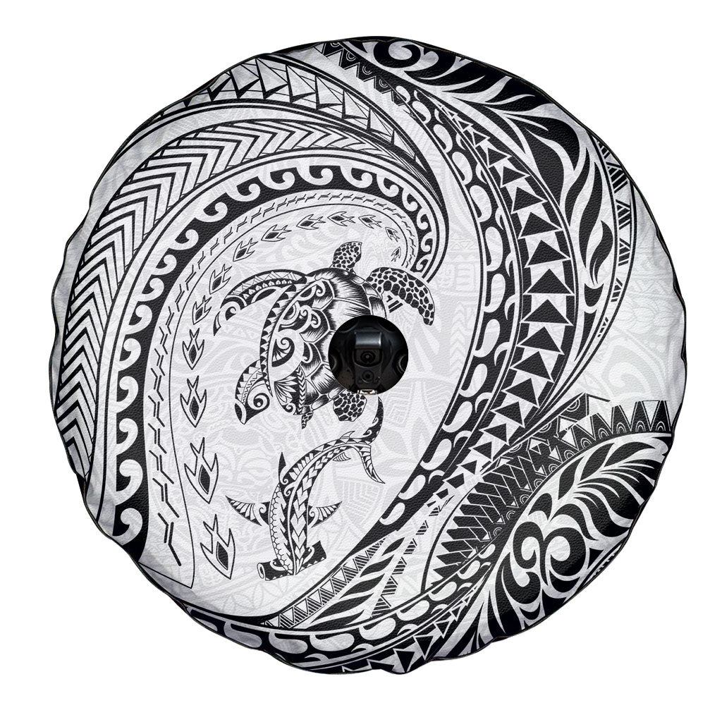 Hawaiian Turtle and Shark Spare Tire Cover Kakau Tribal with Polynesian Pattern White Color LT03 - Polynesian Pride