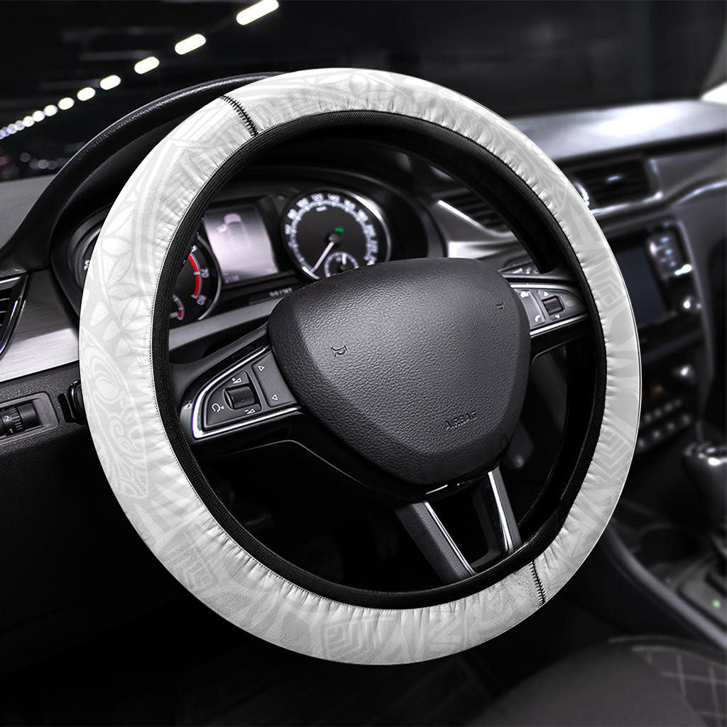 Hawaiian Turtle and Shark Steering Wheel Cover Kakau Tribal with Polynesian Pattern White Color LT03 Universal Fit White - Polynesian Pride