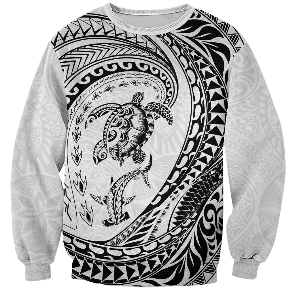 Hawaiian Turtle and Shark Sweatshirt Kakau Tribal with Polynesian Pattern White Color LT03 Unisex White - Polynesian Pride