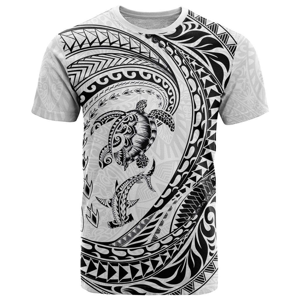 Hawaiian Turtle and Shark T Shirt Kakau Tribal with Polynesian Pattern White Color LT03 White - Polynesian Pride