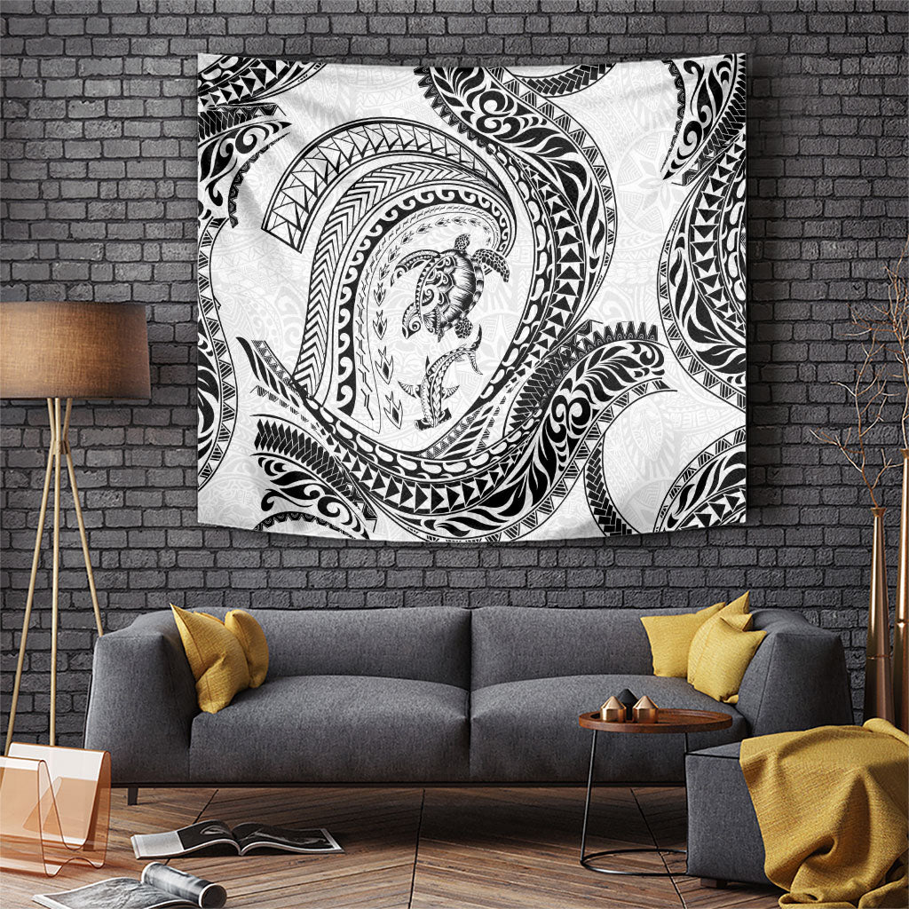 Hawaiian Turtle and Shark Tapestry Kakau Tribal with Polynesian Pattern White Color LT03 White - Polynesian Pride