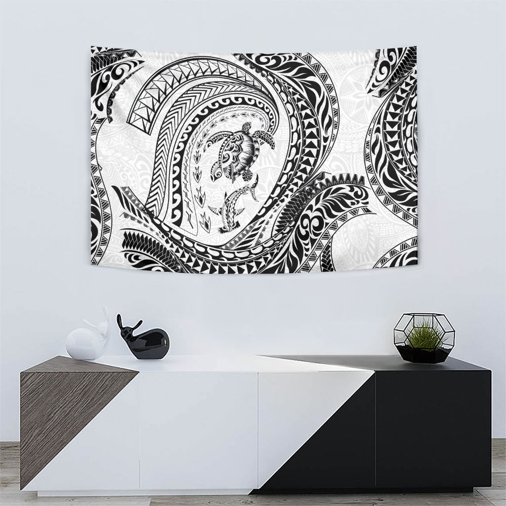Hawaiian Turtle and Shark Tapestry Kakau Tribal with Polynesian Pattern White Color LT03 - Polynesian Pride