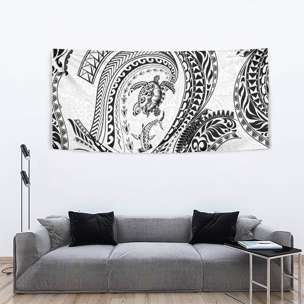 Hawaiian Turtle and Shark Tapestry Kakau Tribal with Polynesian Pattern White Color LT03 - Polynesian Pride