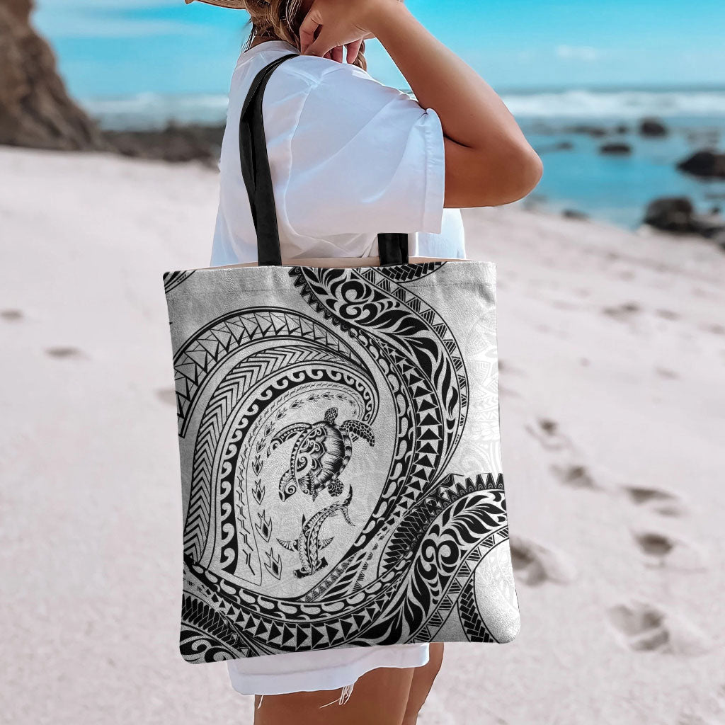 Hawaiian Turtle and Shark Tote Bag Kakau Tribal with Polynesian Pattern White Color LT03 - Polynesian Pride