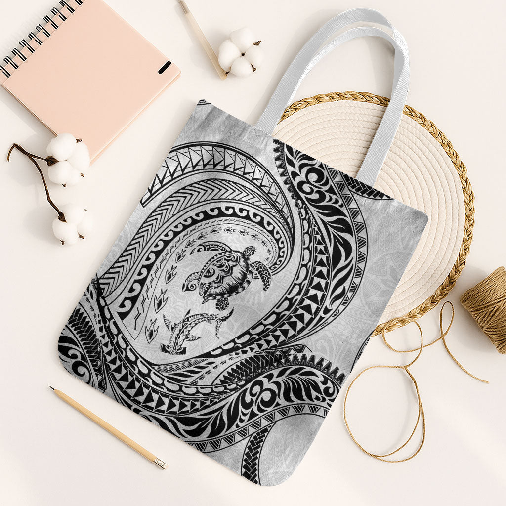 Hawaiian Turtle and Shark Tote Bag Kakau Tribal with Polynesian Pattern White Color LT03 White Strap One Size White - Polynesian Pride