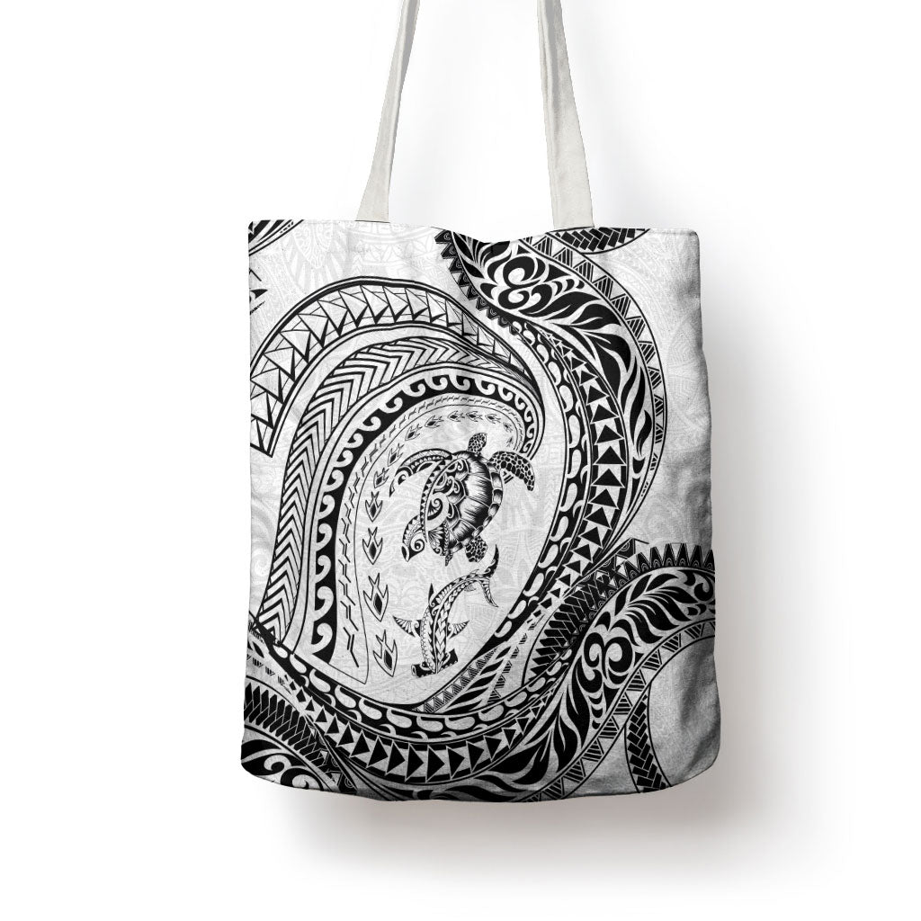 Hawaiian Turtle and Shark Tote Bag Kakau Tribal with Polynesian Pattern White Color LT03 - Polynesian Pride