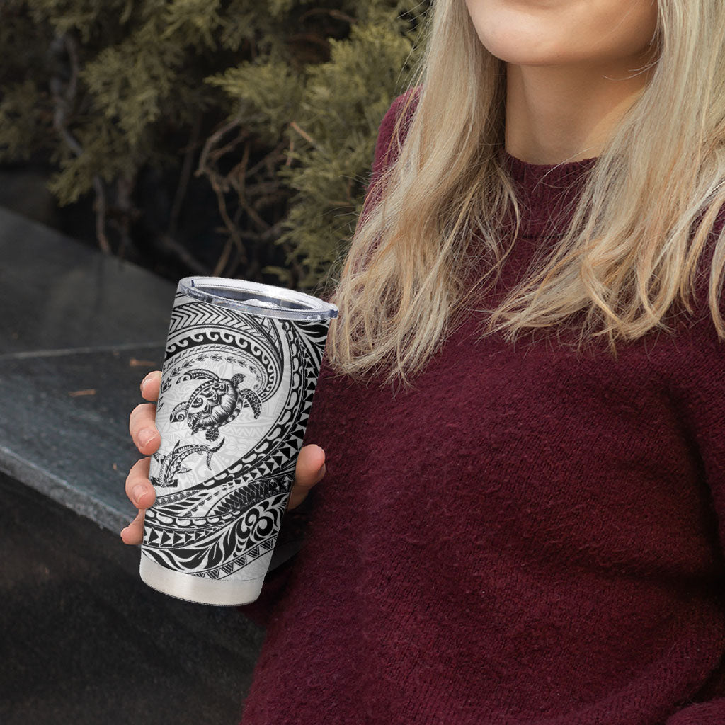 Hawaiian Turtle and Shark Tumbler Cup Kakau Tribal with Polynesian Pattern White Color LT03 - Polynesian Pride